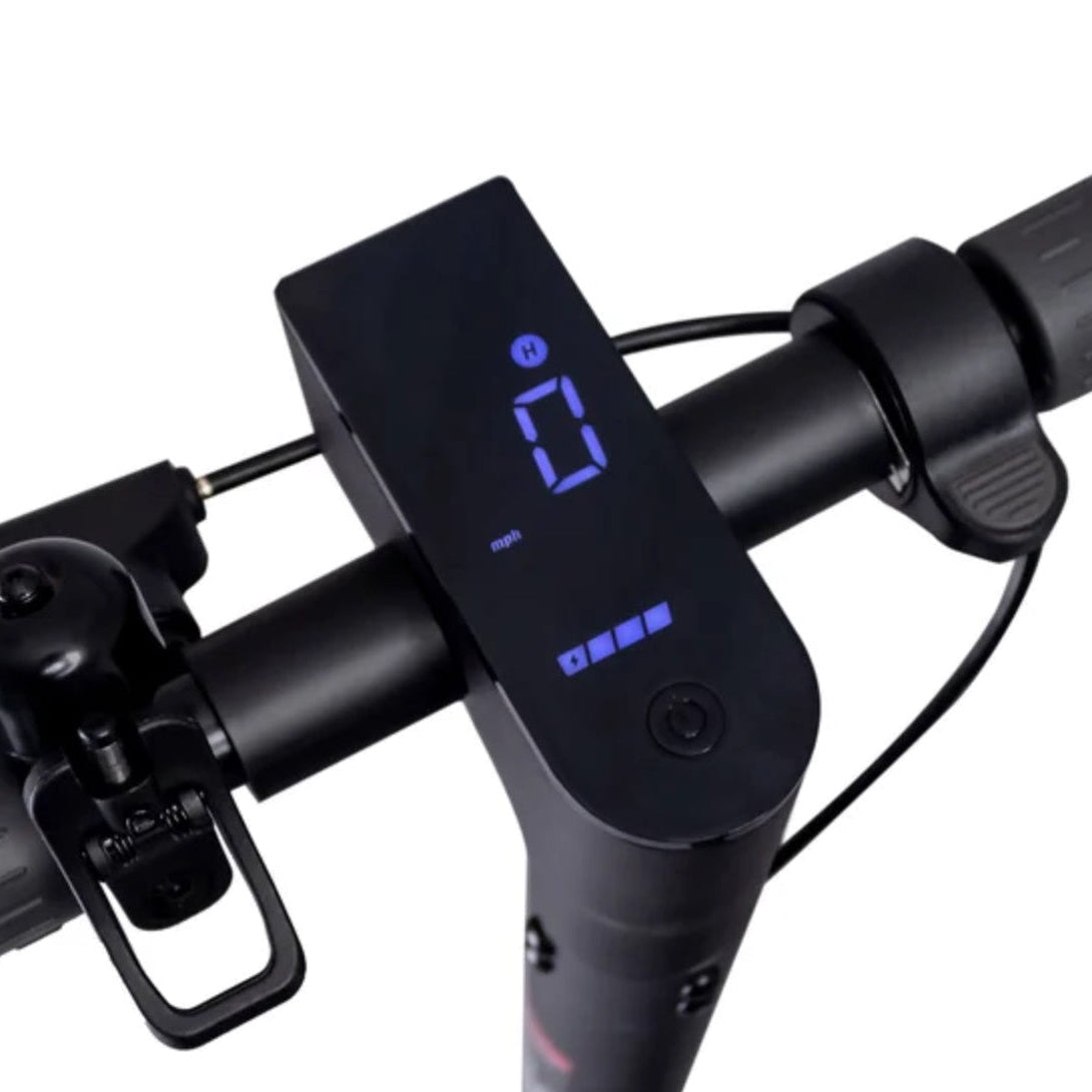 Digital display on a bicycle handlebar with blue LED text.