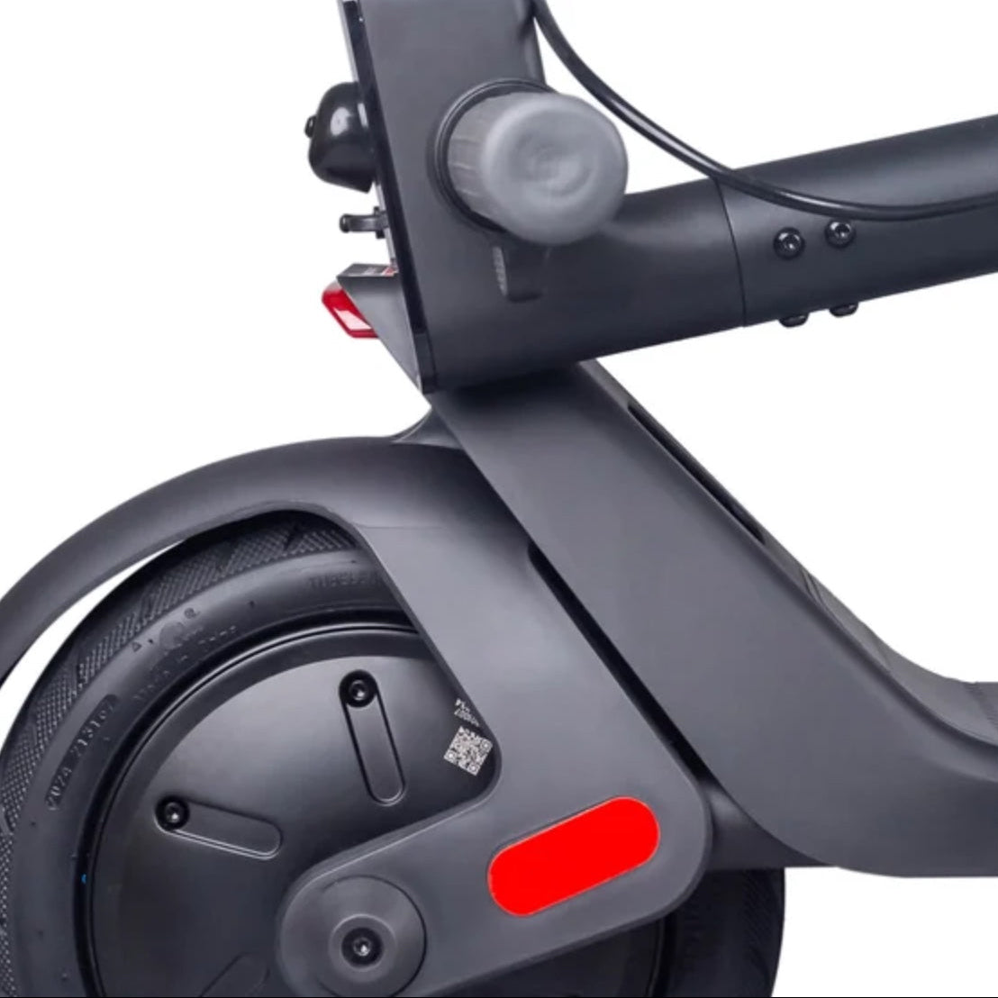 Close-up of a scooter's wheel and frame on a white background