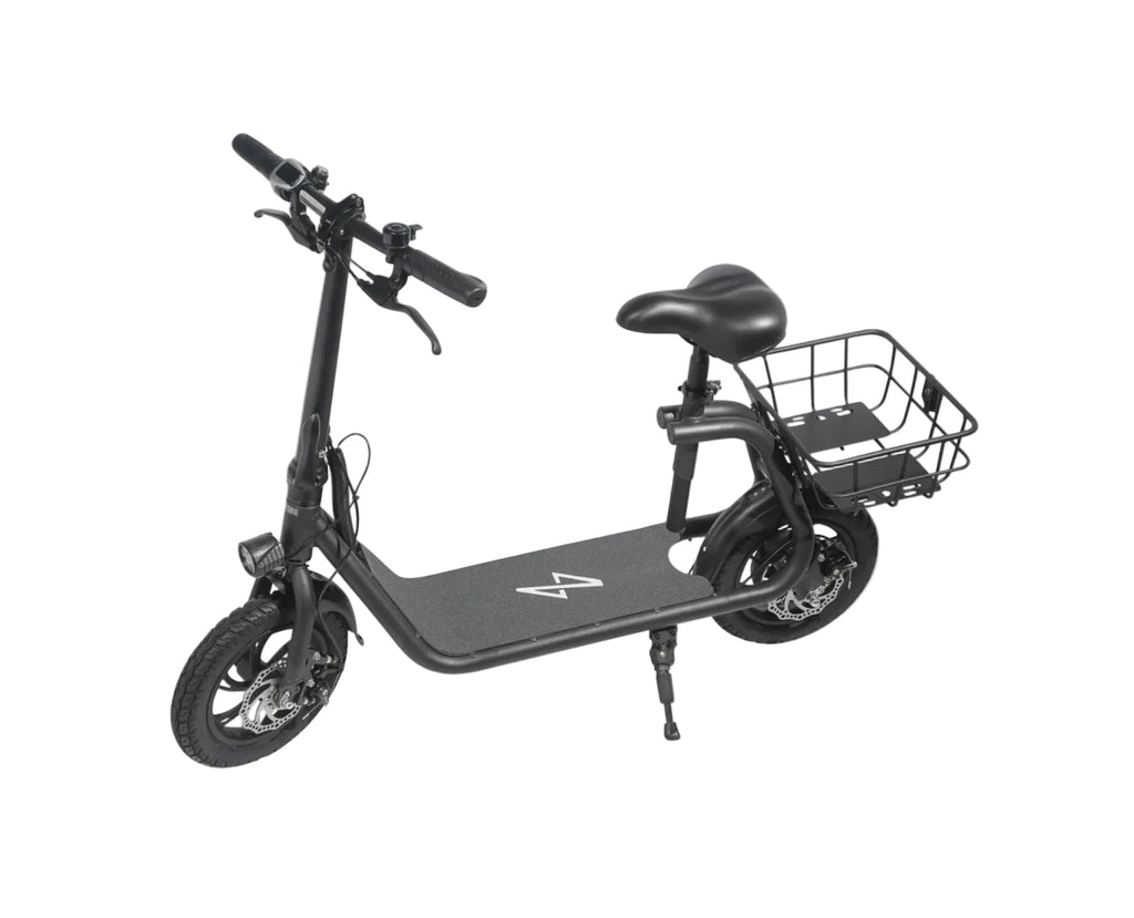 Black electric scooter with a seat and basket on a white background