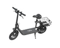Black electric scooter with a seat and basket on a white background
