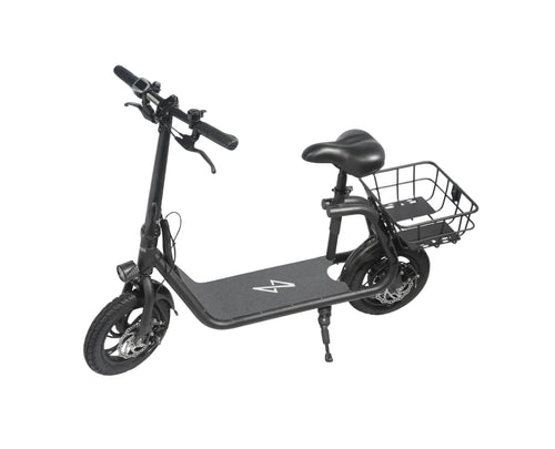 Black electric scooter with a seat and basket on a white background